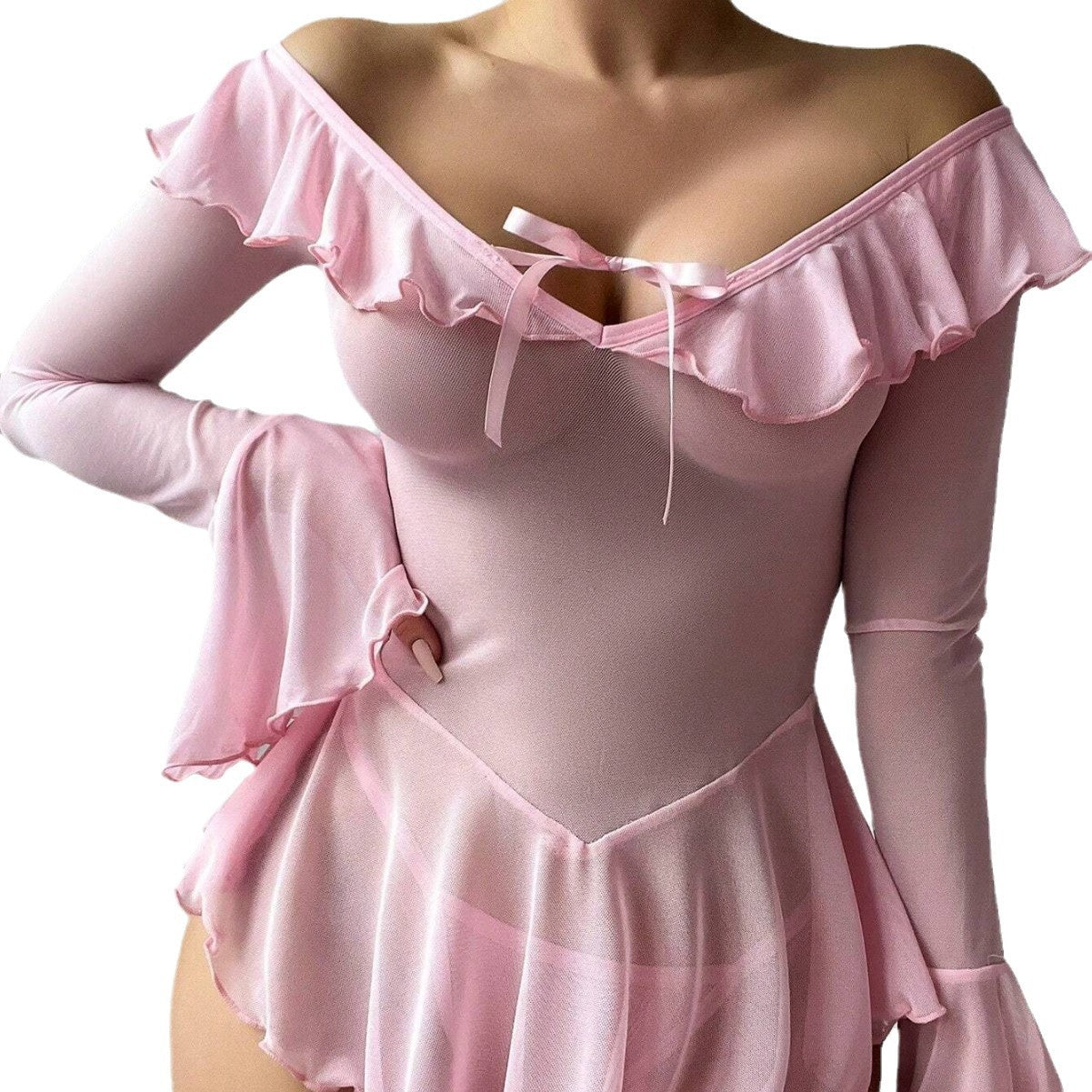 Romantic Off-Shoulder Pink Sheer Bodysuit with Ruffled Details